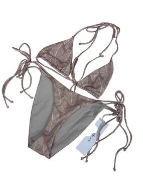 Axil Swim Tan Triangle Floral Leaf Cheeky Tie Matching 2 Piece Bikini S